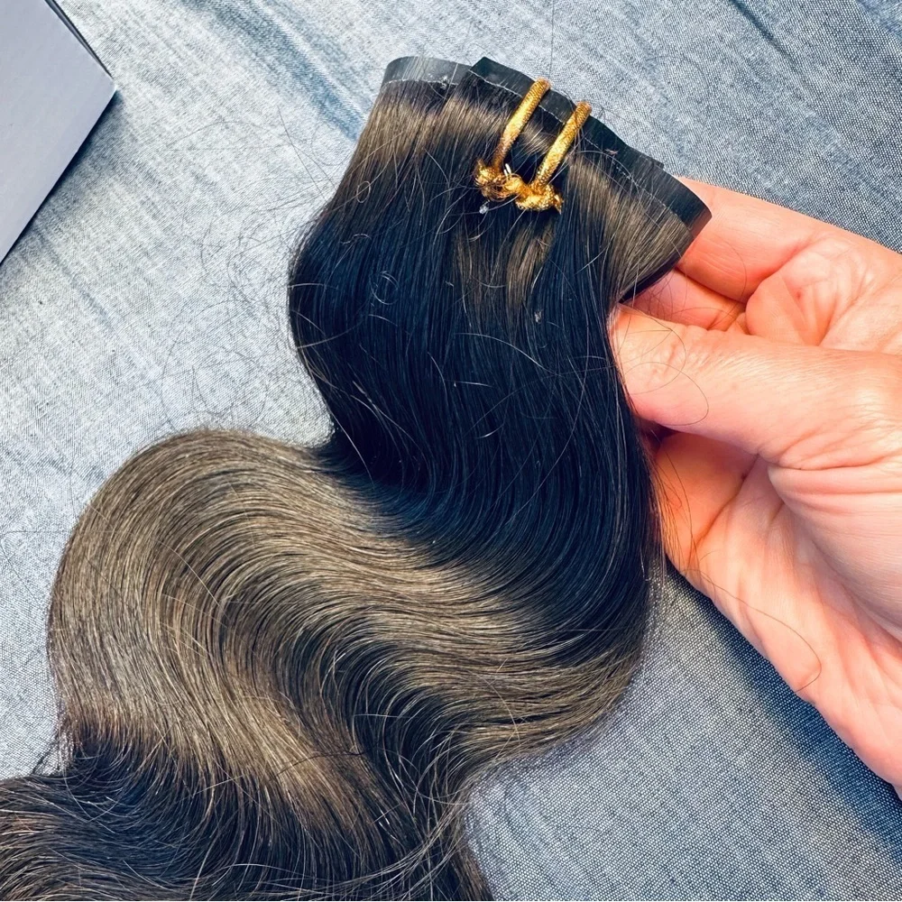 20” Natural Black Body Wave Human Hair PU Clip In Extensions 115g #RA4
